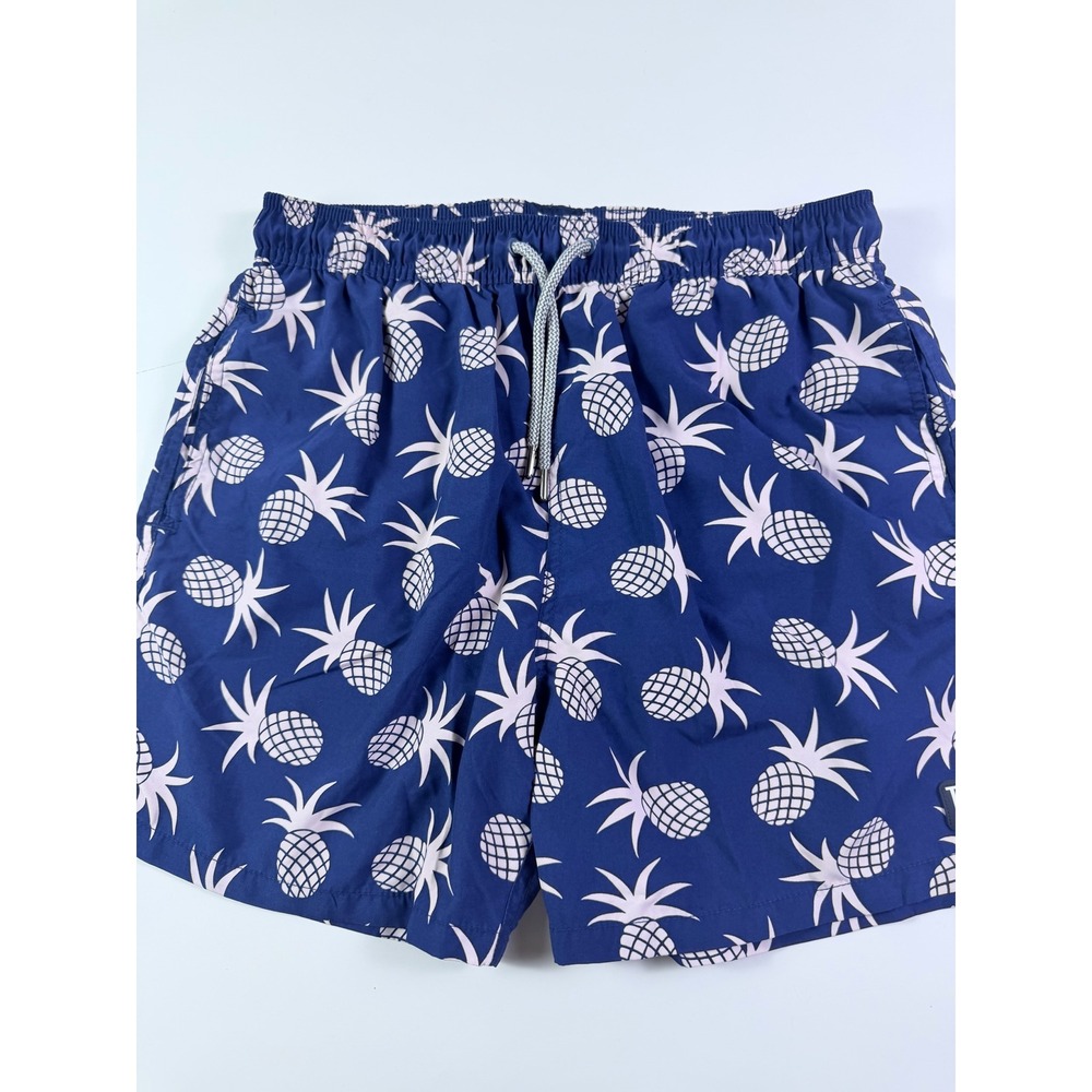 Pineapple Print Mens Swim Trunks Navy Blue White Tom & Teddy Mesh Lined Size M